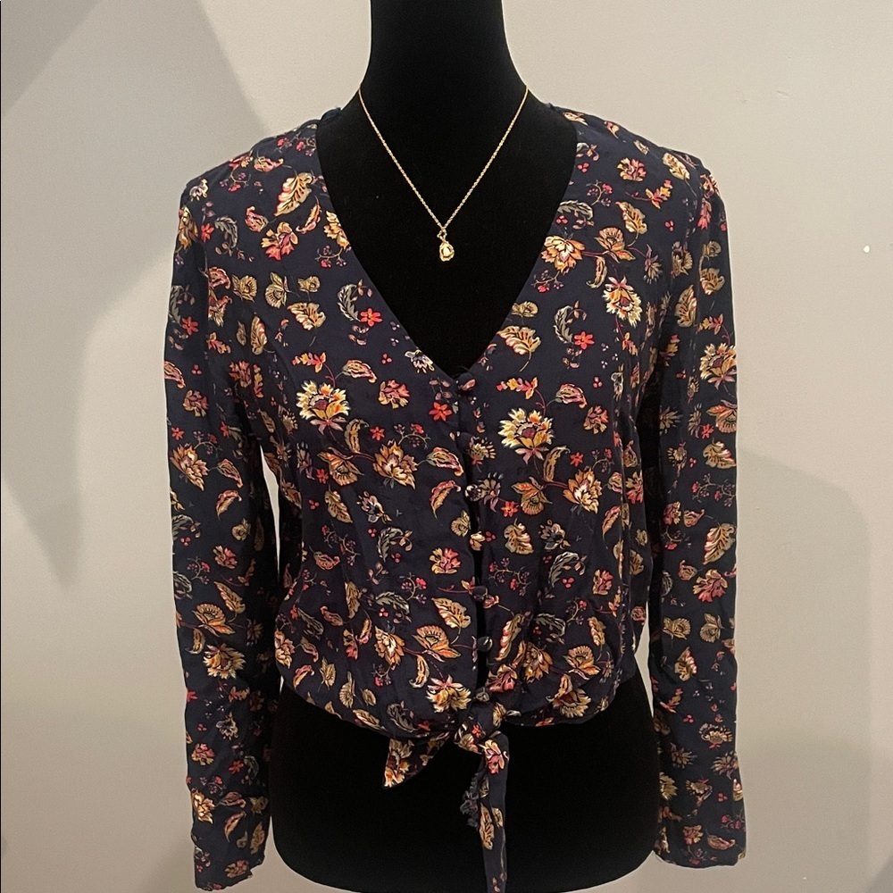 Floral Tie-Front Blouse blue button front